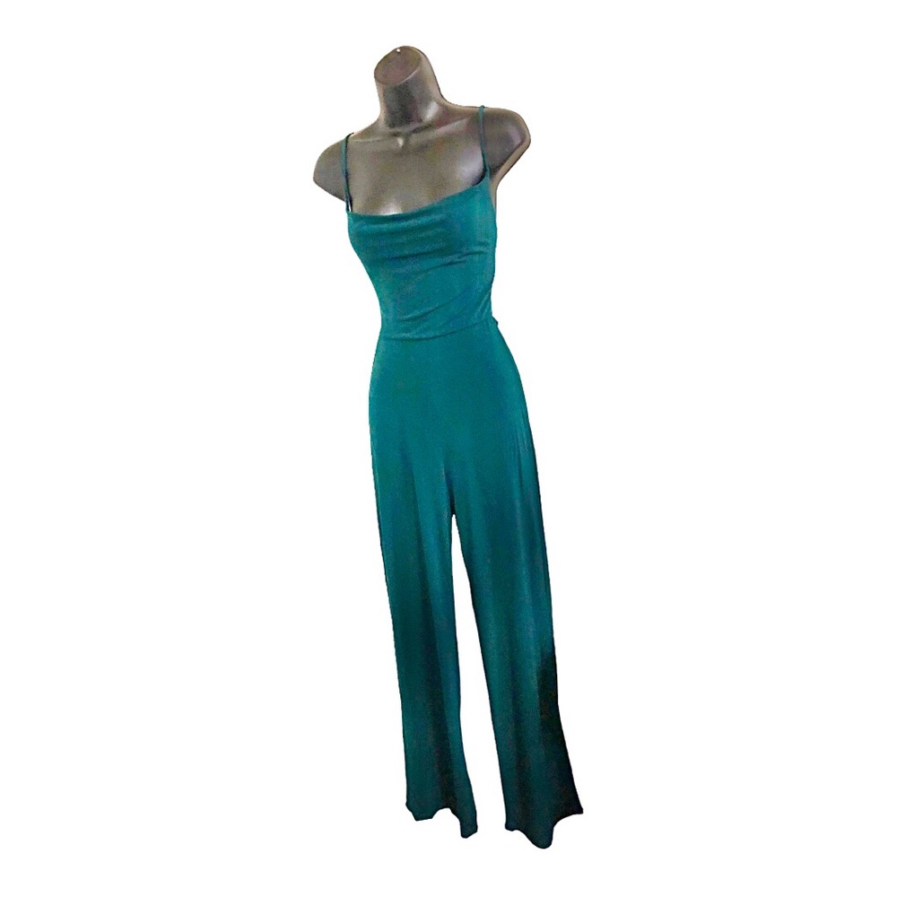 Green cowlneck‎ open back slinky fitted stretch back tie jumpsuit size Small new